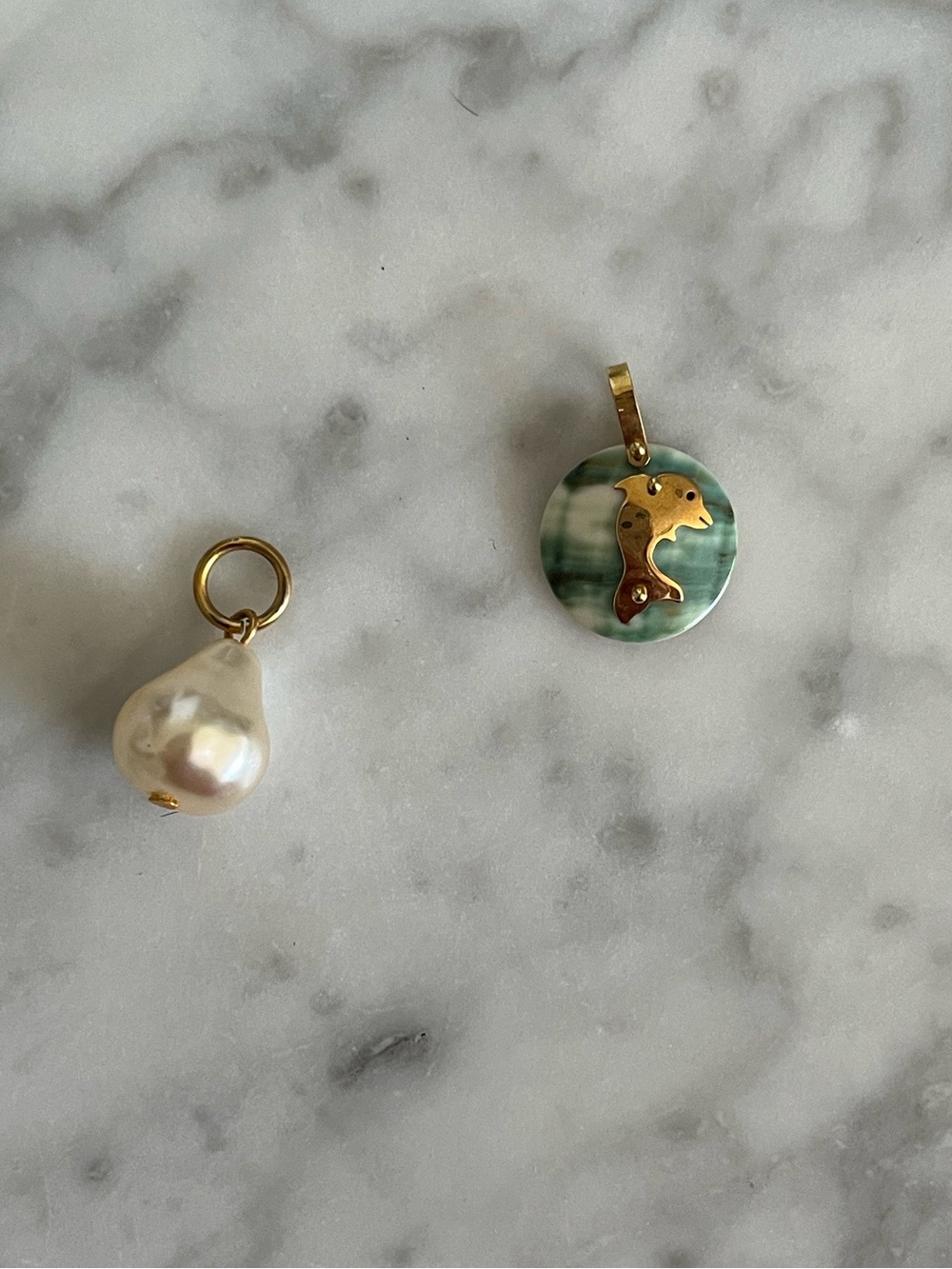 Gold Pearl Drop and Green Enamel Dolphin Pendant Bundle
